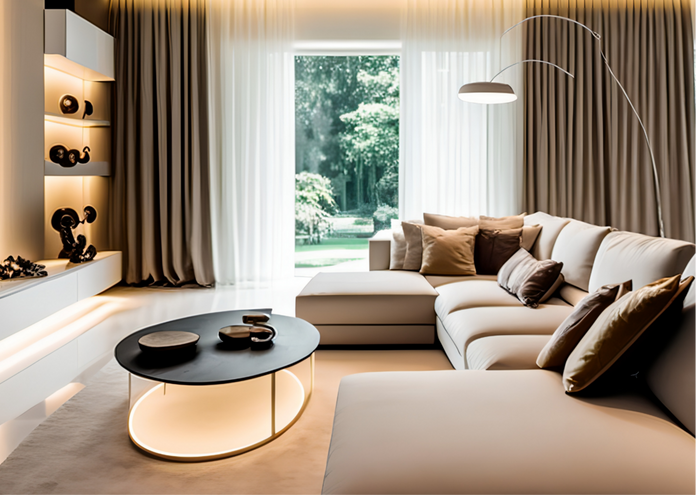 A modern living room with a white corner sofa, floor length curtains and led lighting