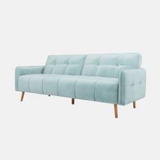 Light blue quilted click clack sofa with angled wooden legs