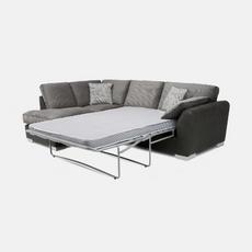 Two tone dark and light grey corner sofa bed with light grey scatter cushions