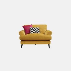 yellow cuddler sofa with pink and monochrome scatter cushions