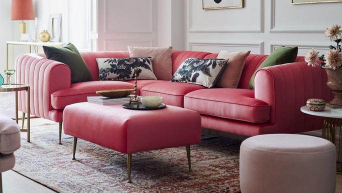 Enchanted Pink Velvet Corner Sofa with Complimentary Pink footstool