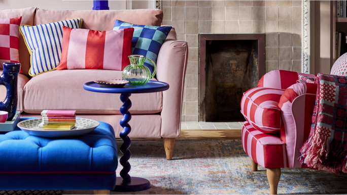 desgining a playful home with sophie robinson fairlight sofa and footstool