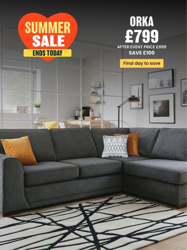 grey fabric corner sofa with mustard scatter cushions