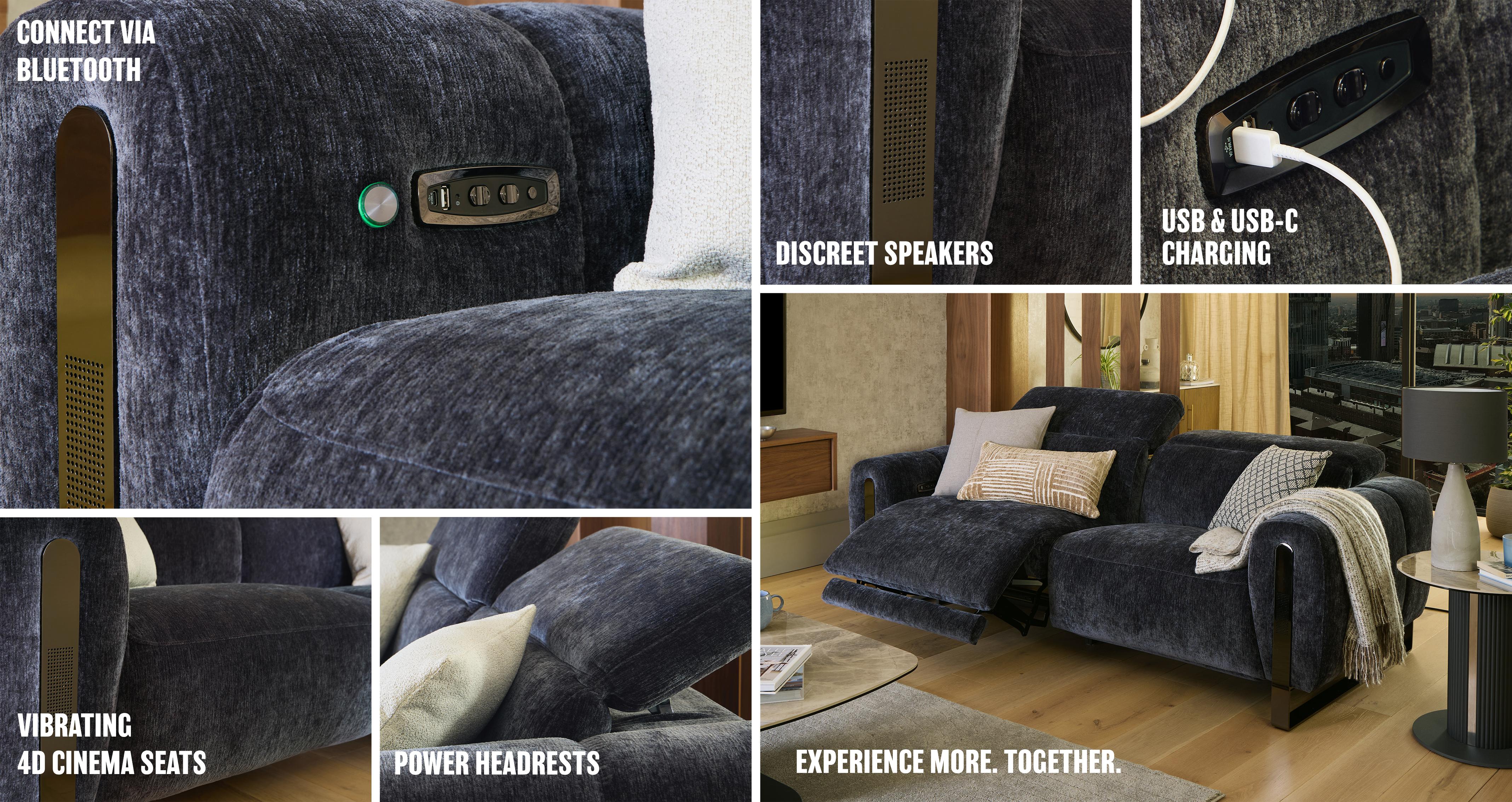 Amplify 3 Seat Power & Head Recliner With Bluetooth, Speaker & Vibration in Bettina Fabric Navy
