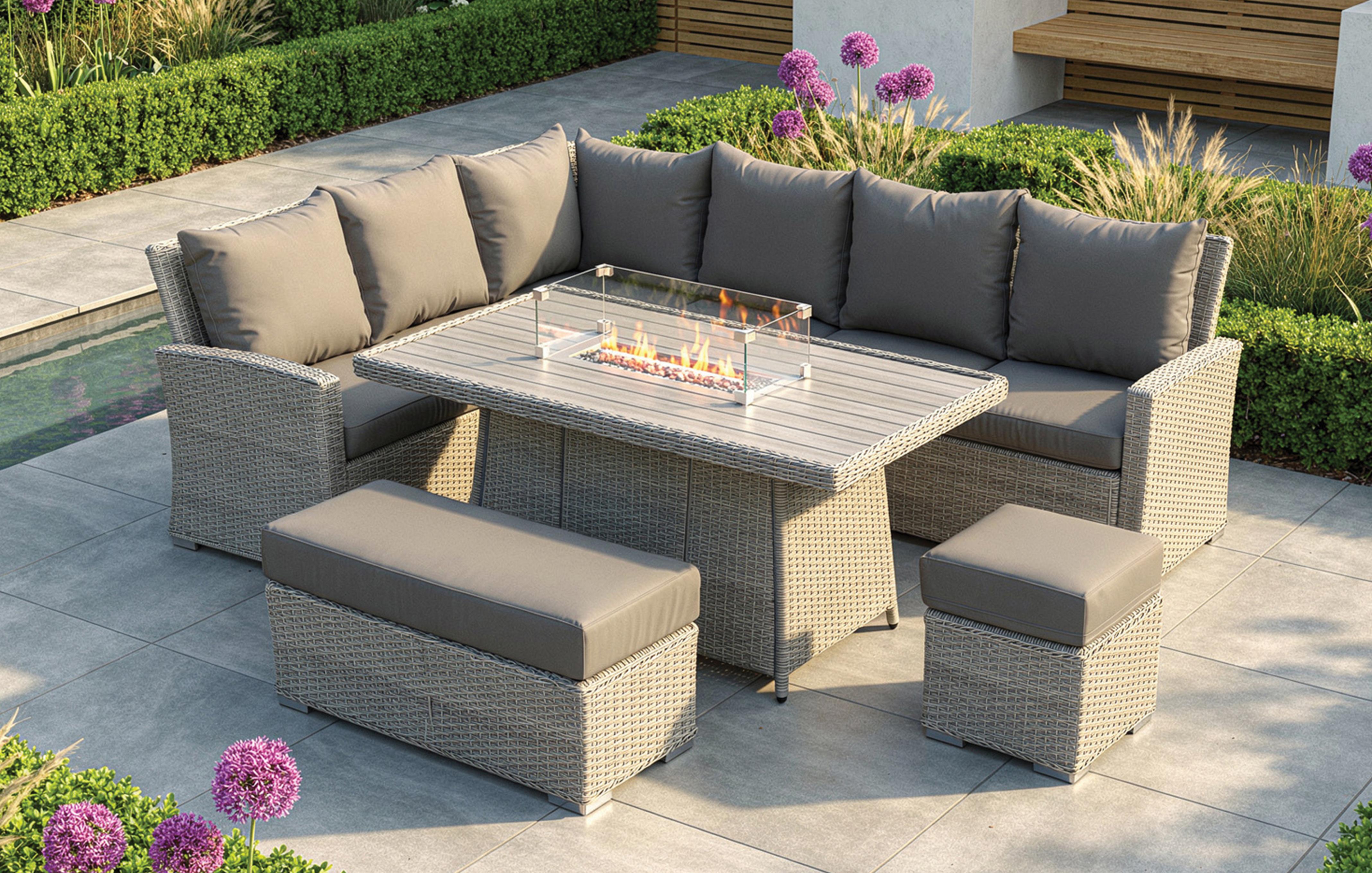 Corner Sofa, Bench, Footstool and Table with Firepit Set