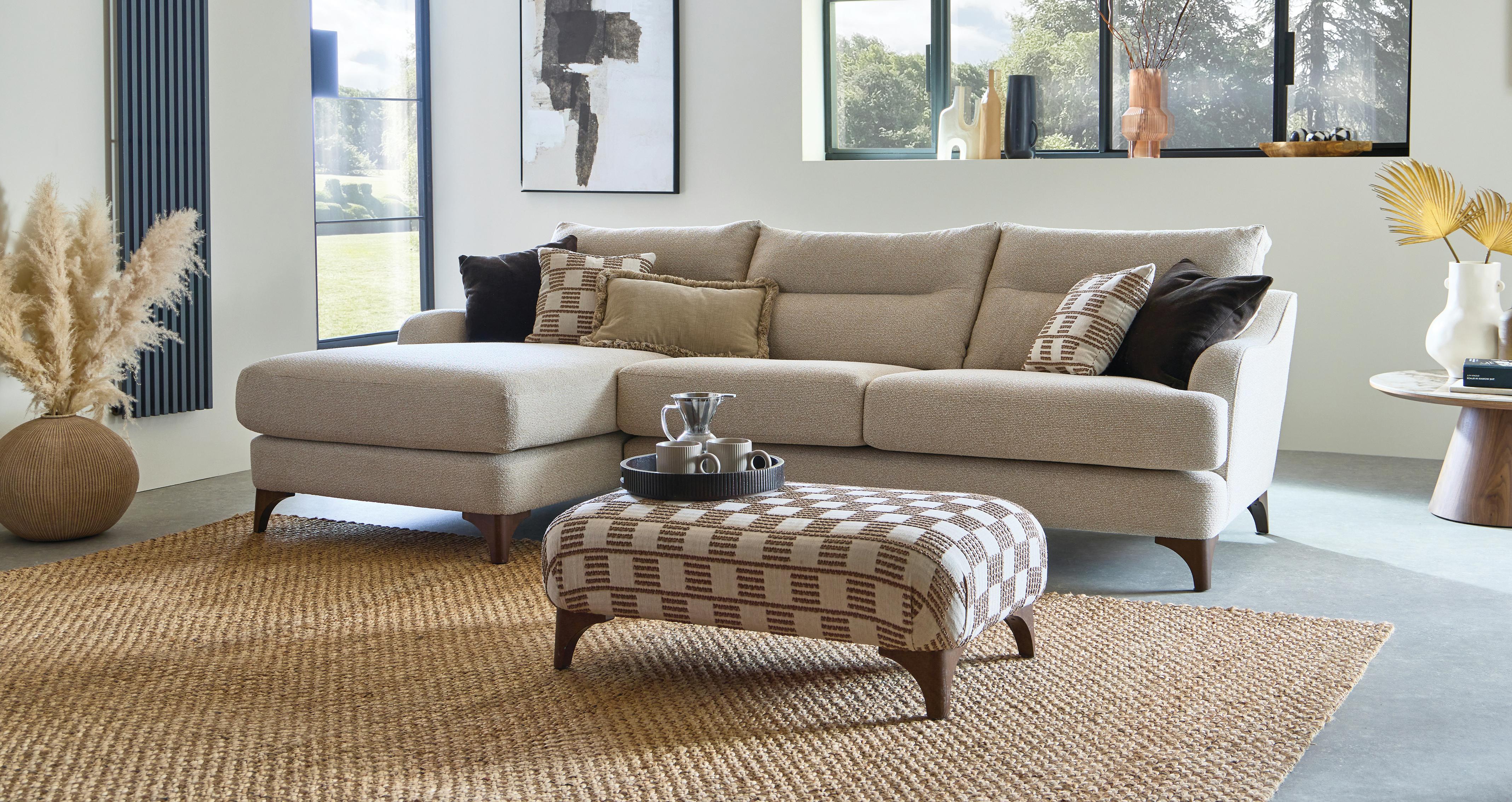 Bletchley Left Hand Facing Large Chaise Sofa in Grand Designs Soft Chenille Cinnamon with Walnut feet