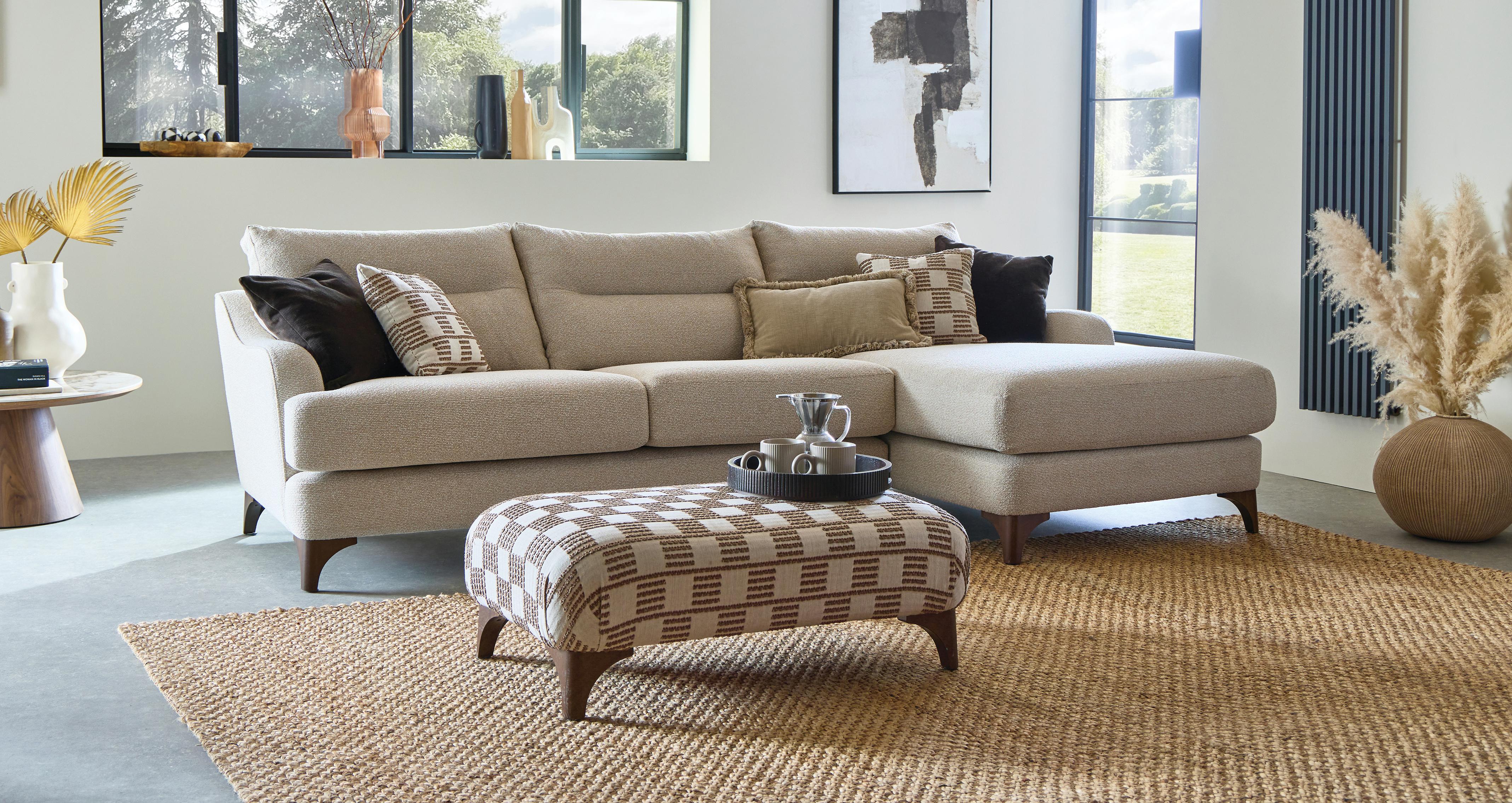 Bletchley Right Hand Facing Large Chaise Sofa in Grand Designs Soft Weave Oatmeal with Walnut feet
