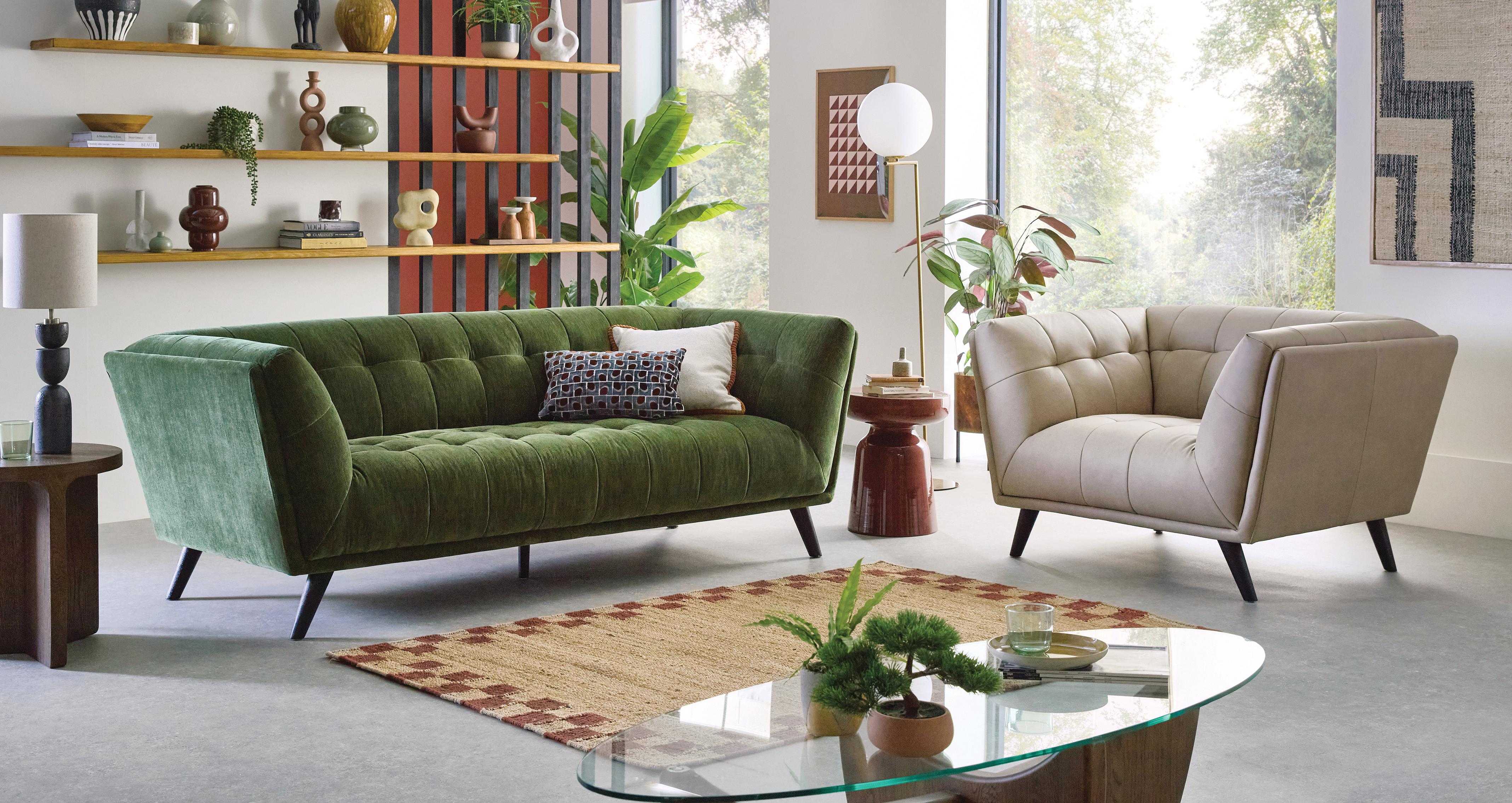 Blythe 3 Seater Sofa in Civello Leather Pebble with Black feet
