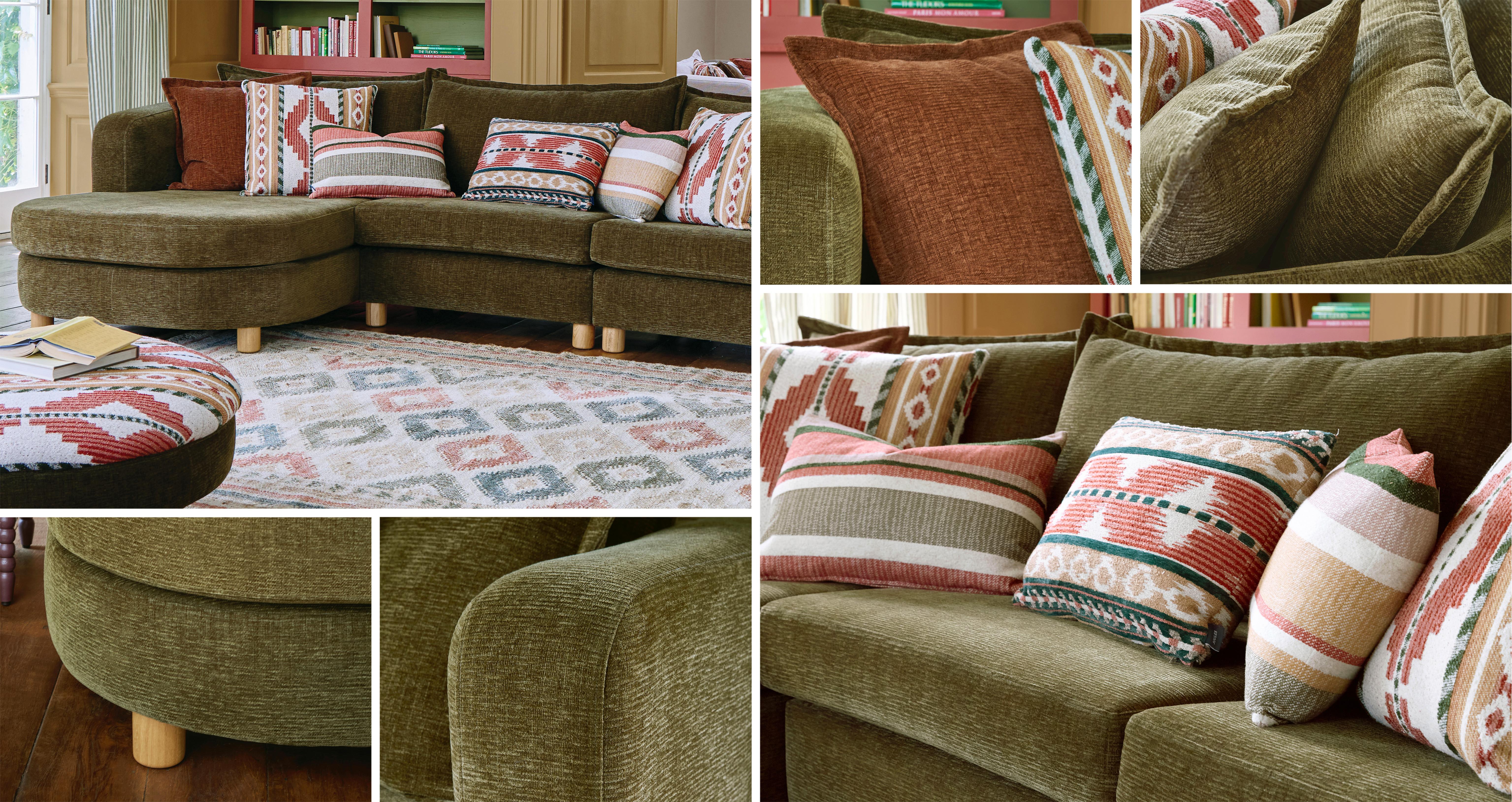 Braybrooke Left Hand Facing Angled Chaise Sofa in Braybrooke Plain Deep Olive with Distressed Walnut feet