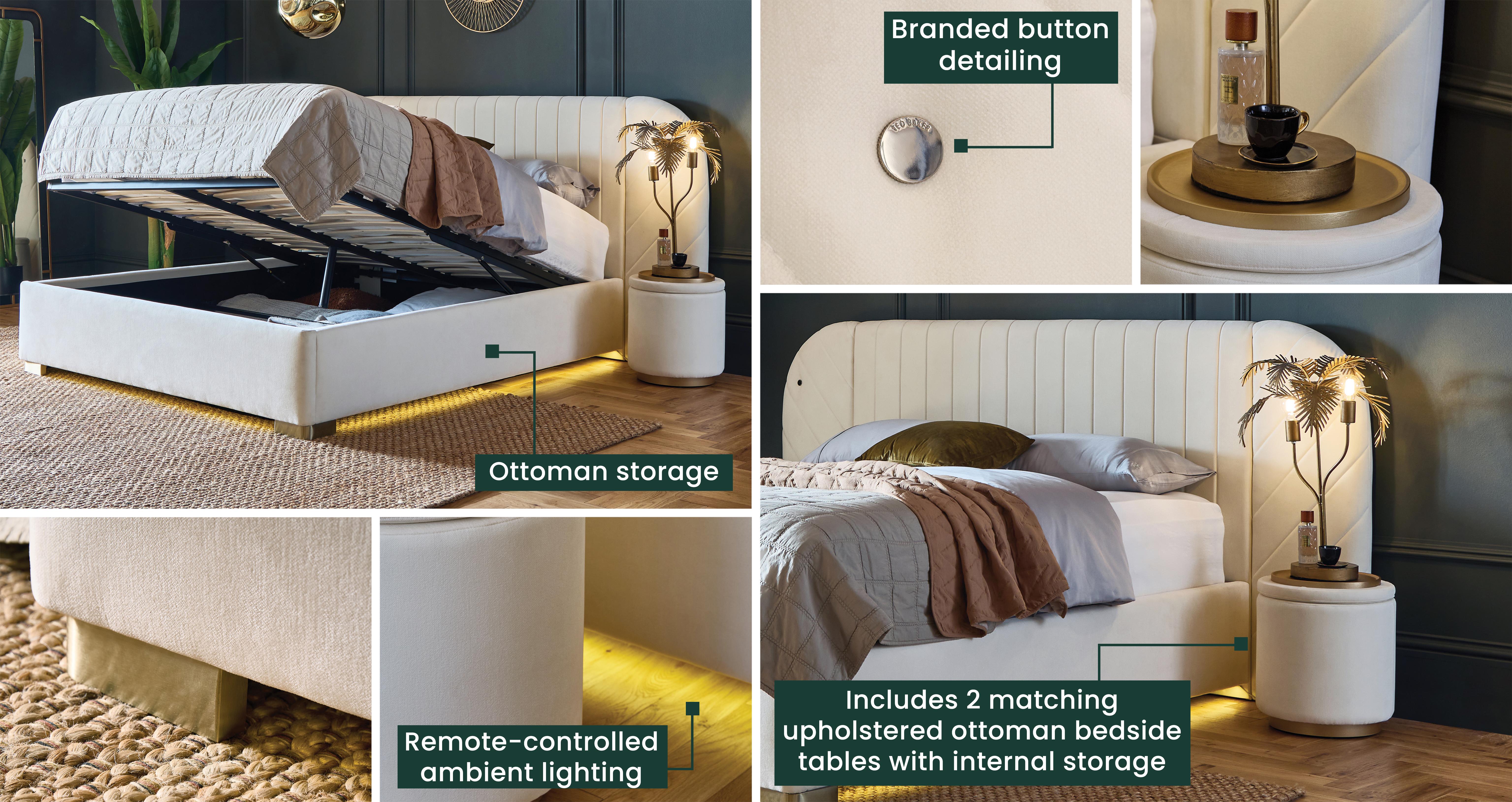 Broadstone Double Hotel Bed & 2 Bedside Ottomans in Broadstone Chenille Cream Cream