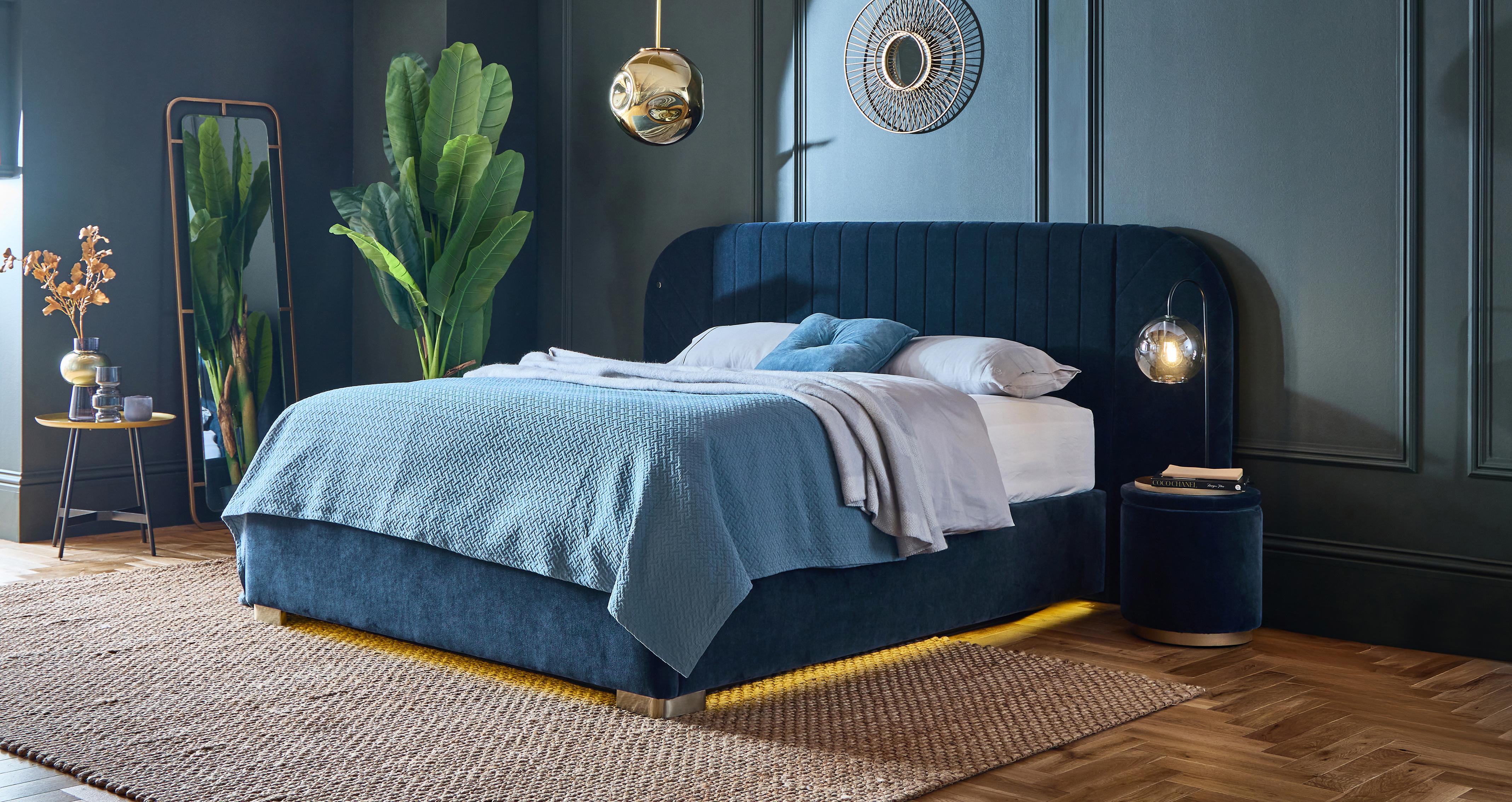 Broadstone Double Hotel Bed & 2 Bedside Ottomans in Broadstone Chenille Navy Navy