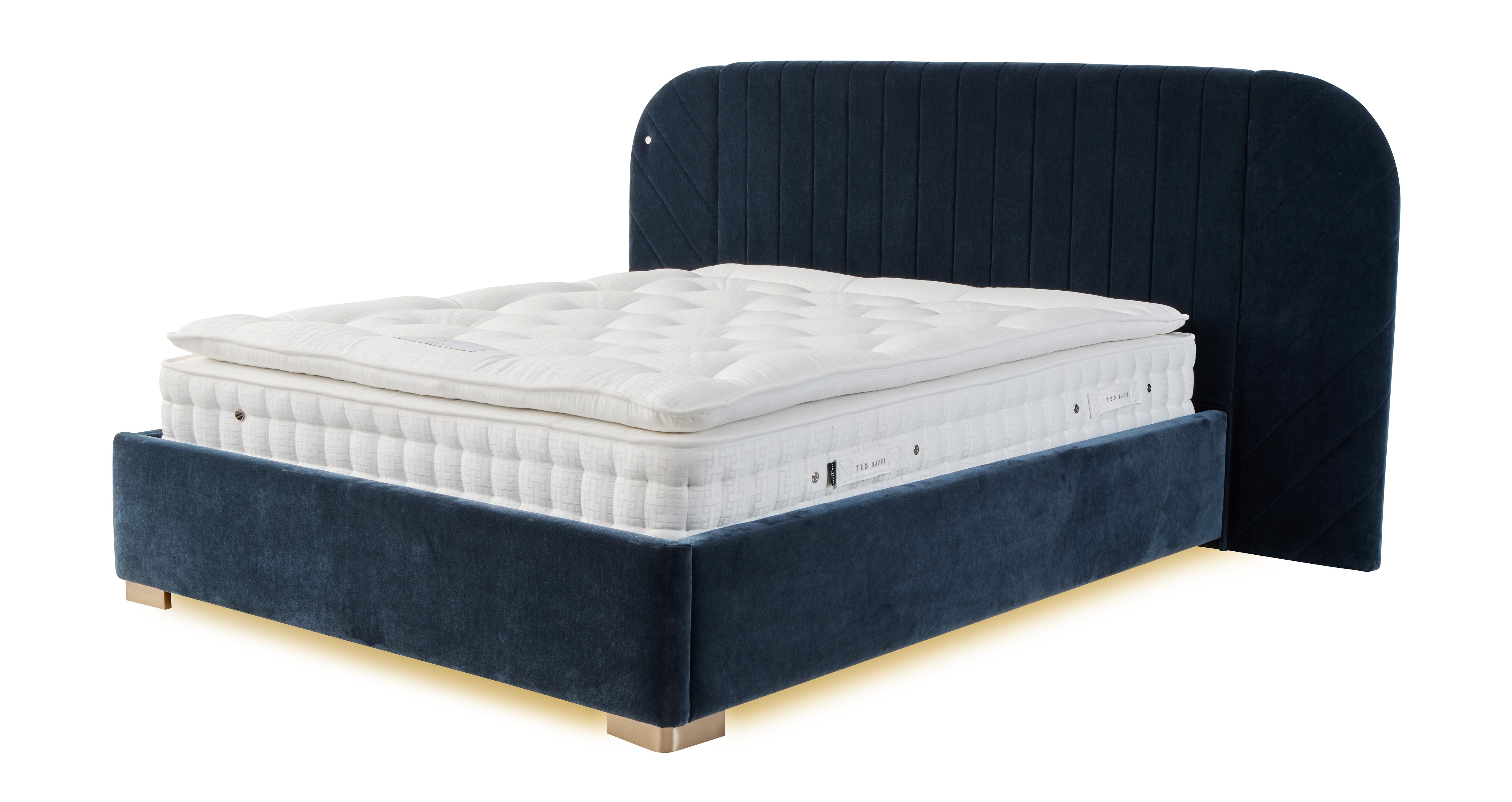 Broadstone Double Hotel Bed & 2 Bedside Ottomans in Broadstone Chenille Navy Navy