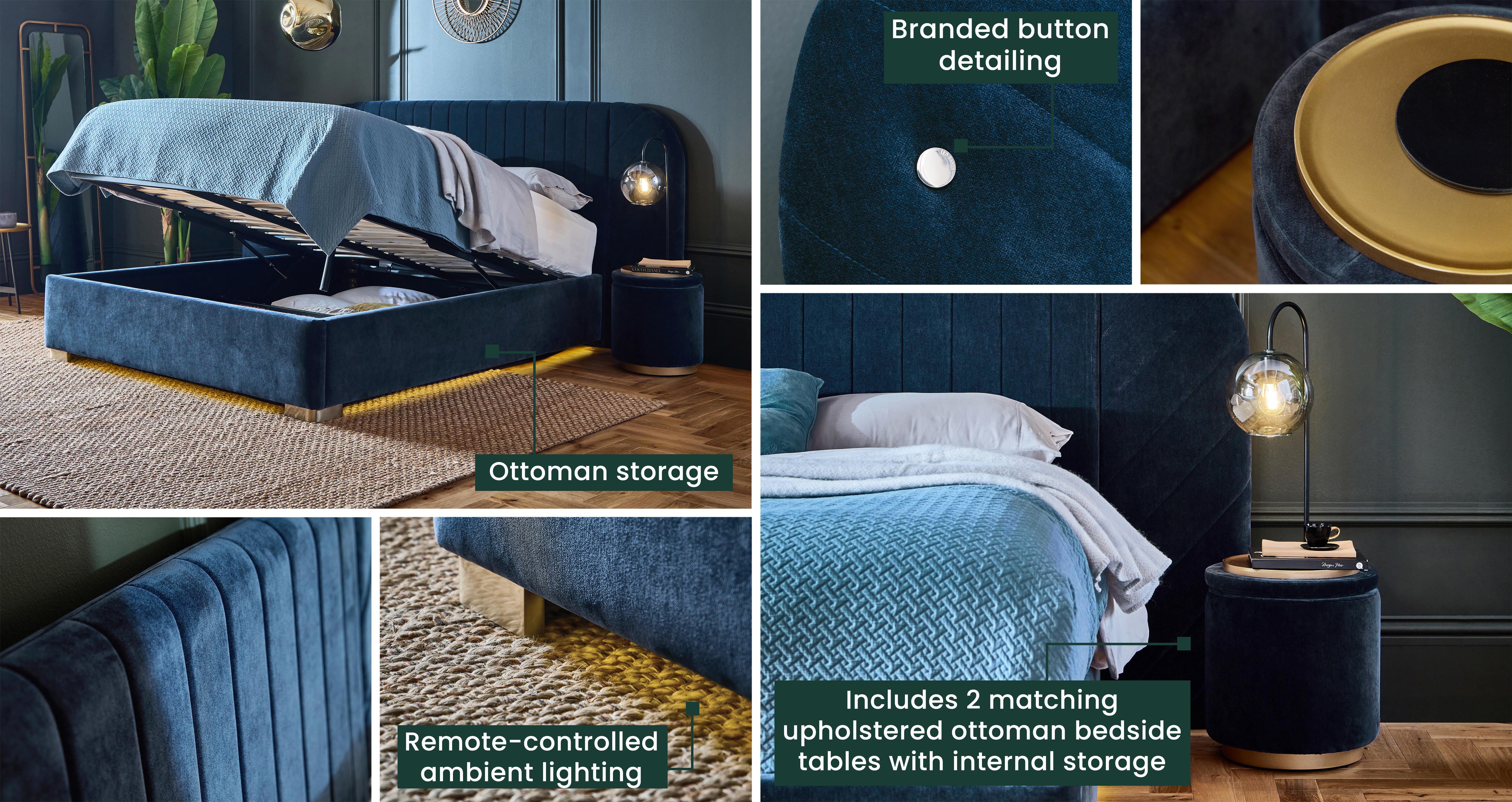 Broadstone Double Hotel Bed & 2 Bedside Ottomans in Broadstone Chenille Navy Navy