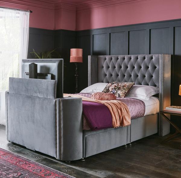 Grey Double 2 Drawer TV Bedframe in dark grey bedroom