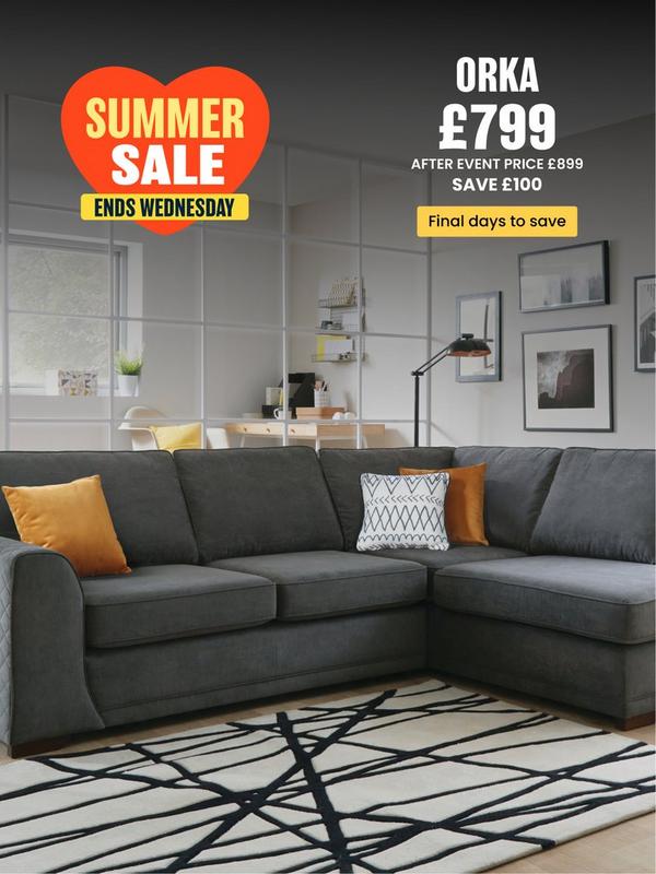 grey fabric corner sofa with mustard scatter cushions