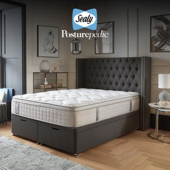 Sealy Mattress on a quilted dark grey divan bed