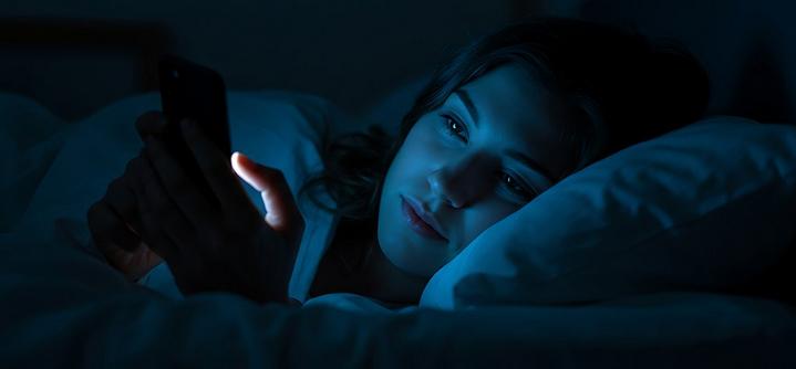 women wide awake browsing on phone at nightime