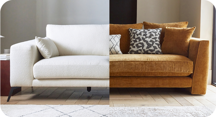 close up of a boucle white sofa and orange chenille sofa