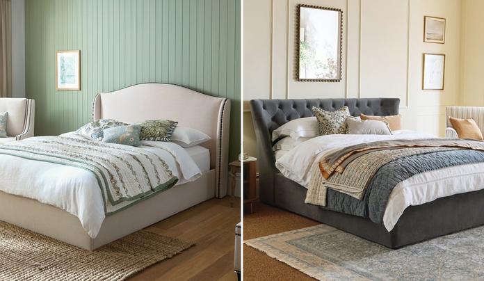 Country Living beds in green and cream with scatter cushions and a dark grey buttoned bed