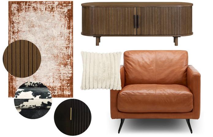 a moodboard of dark brown and colourful patterns dark wood