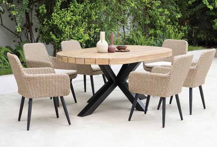 Noella round wooden outdoor table with metal legs and 6 beige rattan chairs