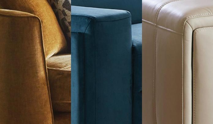 three close up shots of a mustard yellow fabric, a blue velvet fabric and a white leather fabric