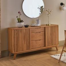 wooden sideboard with a round mirror above