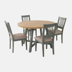 Sage green and oak round dining table and four chairs