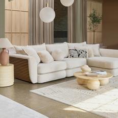 Platinum Alani sofa with wooden panelling arms with the becc coffee and side table