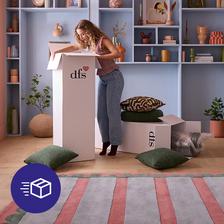A women unboxing her new sofa in a living room