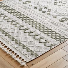 green and cream patterned rug
