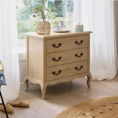 Three drawer light wood chest of drawers with black metal handles