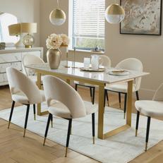Square marble dining table with gold legs with velvet round dining chairs with black metal legs
