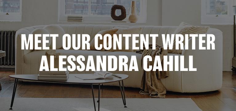 cream curved sofa in background with text overlay