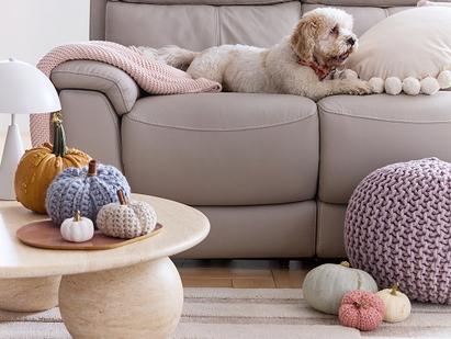 White fluffy dog laid on a cream leather sofa surrounded by fabric and crotched pumpkins