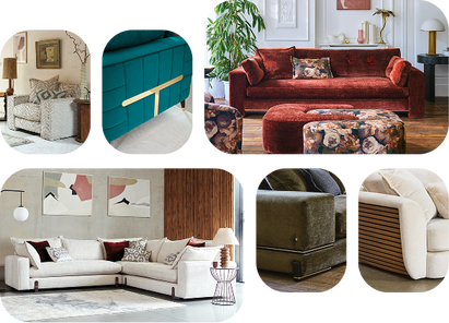 A collection of luxurious sofas with gold detailing and unique finishes