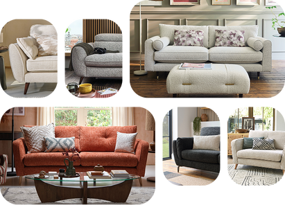 A collection of mid century sofas in a variety of colours and feet options