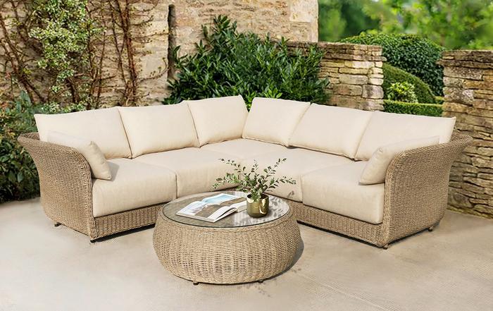 Beige cream outdoor rattan corner garden sofa set with matching round coffee table