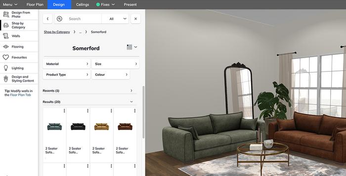 Room plan of a room planner for interior design with product options