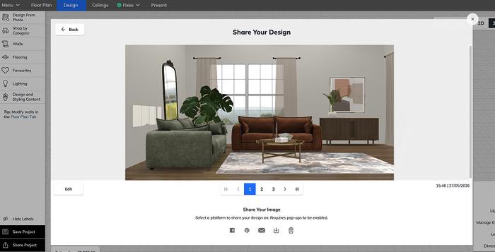 Room plan of a room planner for interior design adding products to basket