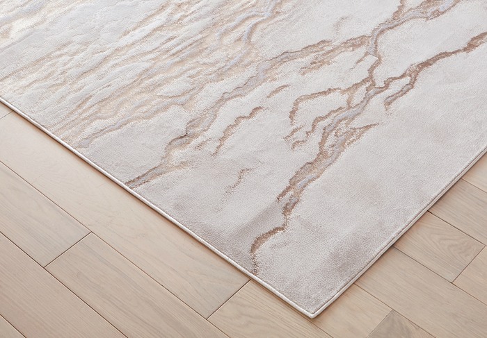 close up of beige and gold rug on a wooden floor