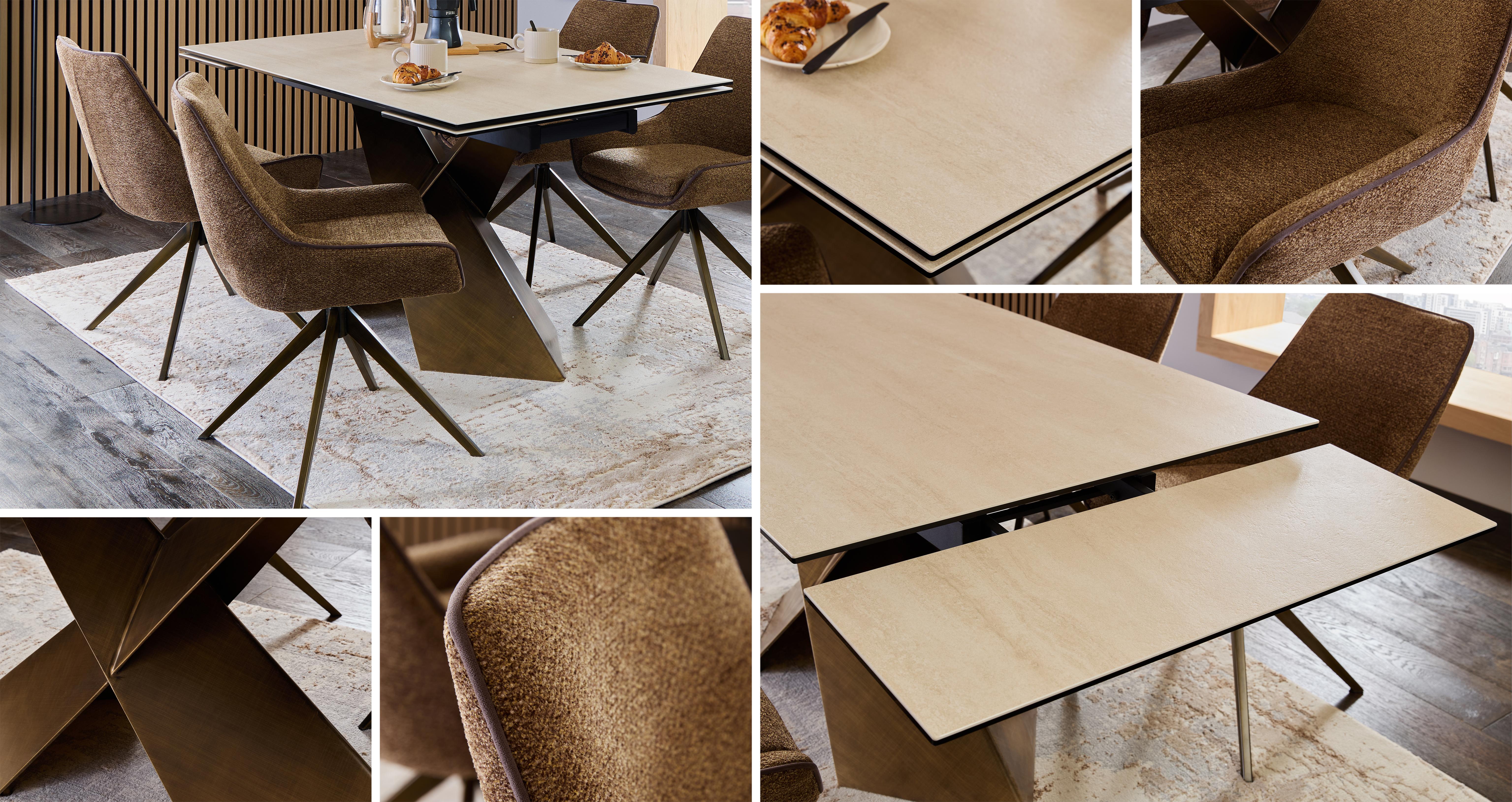 Cala X Bar Extending Dining Table & 4 Swivel Dining Chairs in Cala Beige