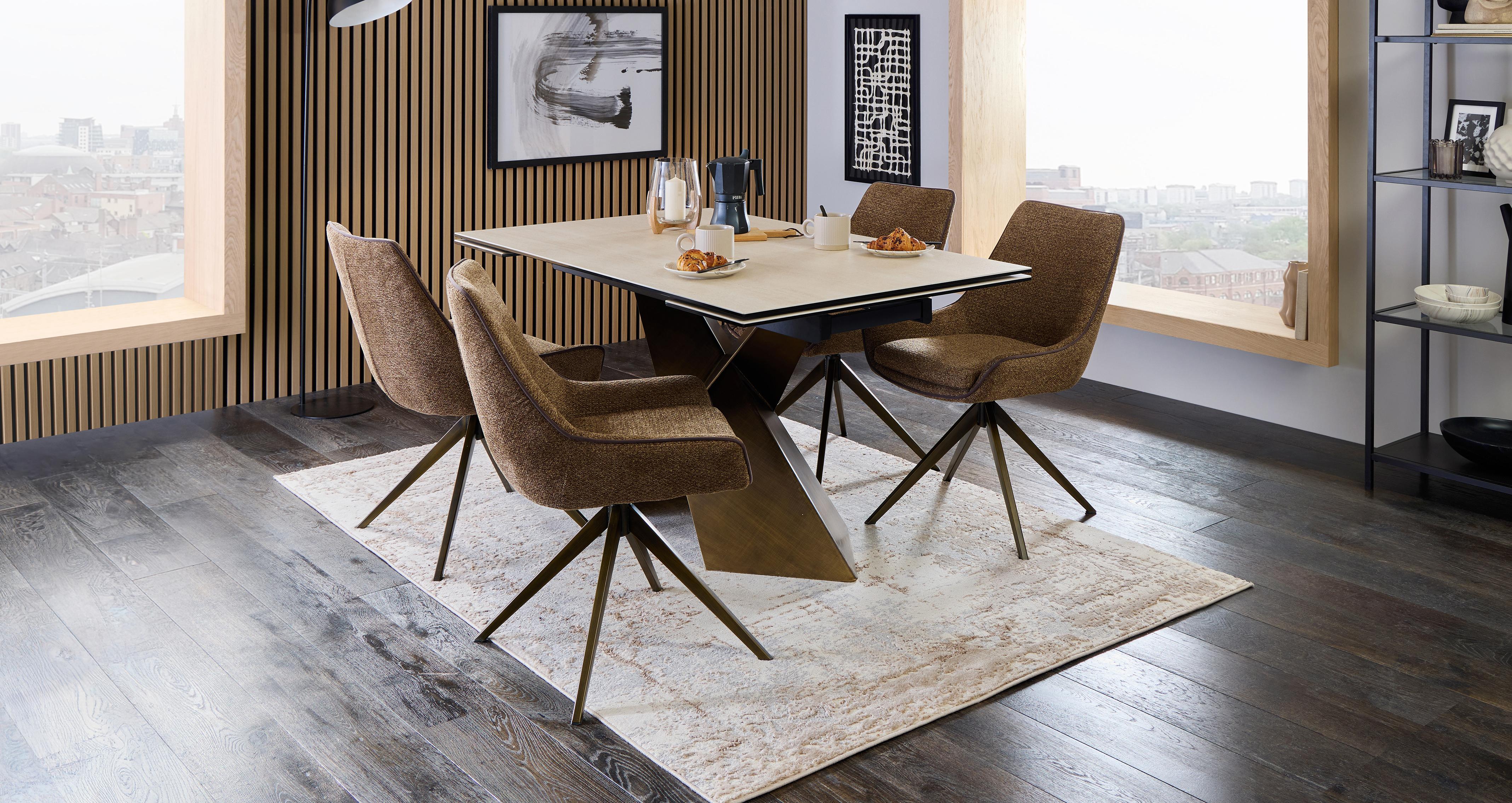 Cala X Bar Extending Dining Table & 4 Swivel Dining Chairs in Cala Beige