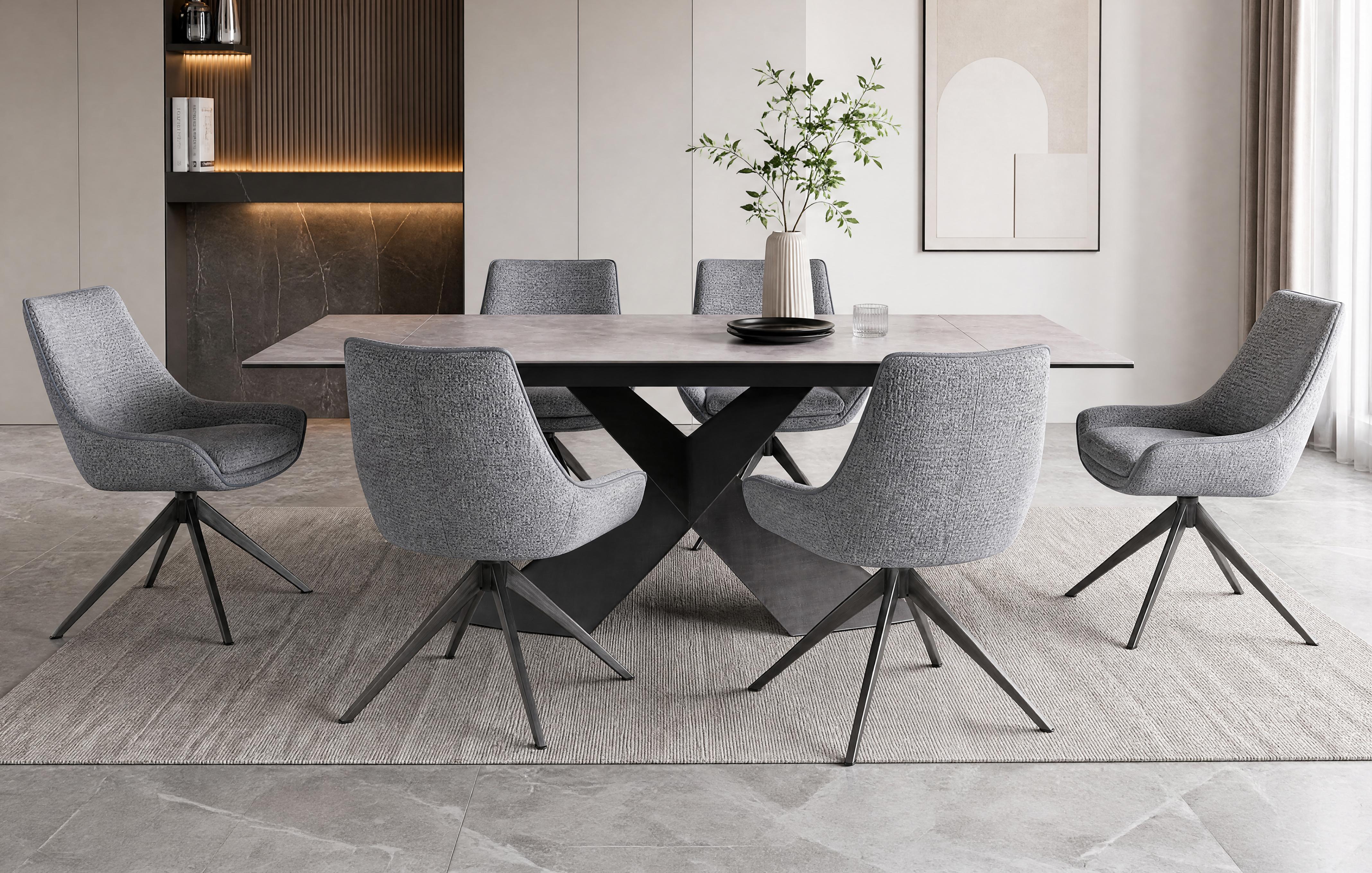 X Bar Extending Dining Table & 6 Swivel Dining Chairs Grey