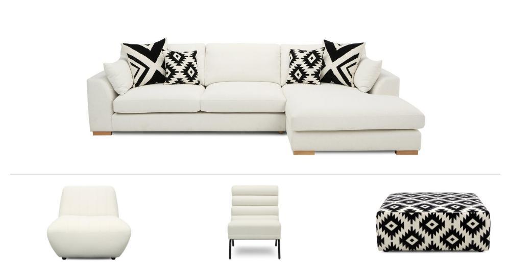 Large Chaise End Sofa, 2 Chairs & Stool