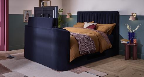 Cinesound Spectre TV bed with the television raised at the foot of the bed