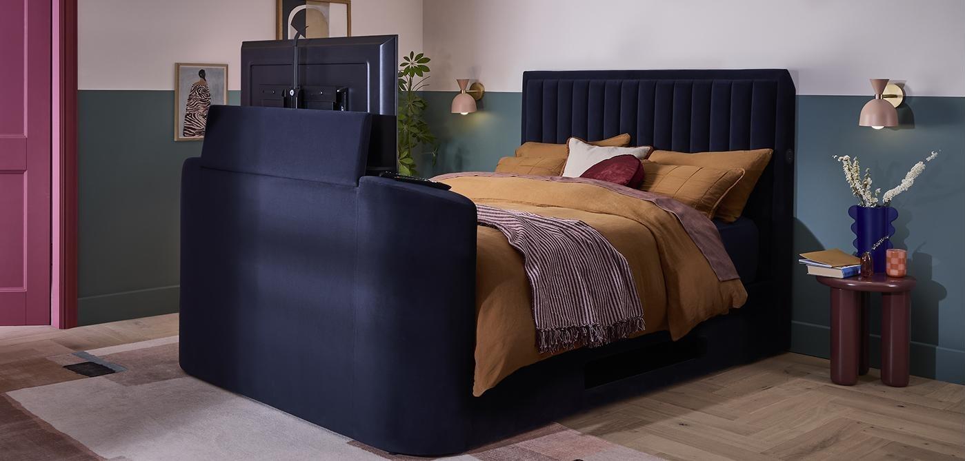 Cinesound Spectre TV bed with the television raised at the foot of the bed