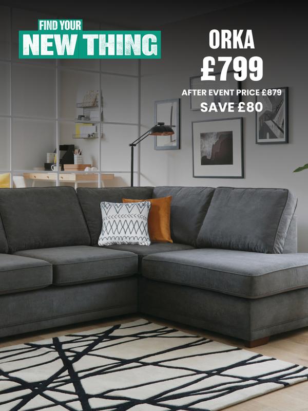 Orka grey corner sofa on geometric rug
