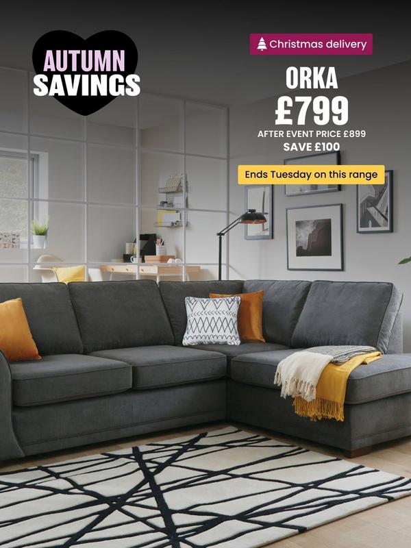 grey fabric corner sofa with mustard scatter cushions