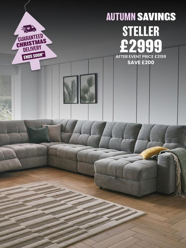 Grey corner sofa with recliner function and footstool 